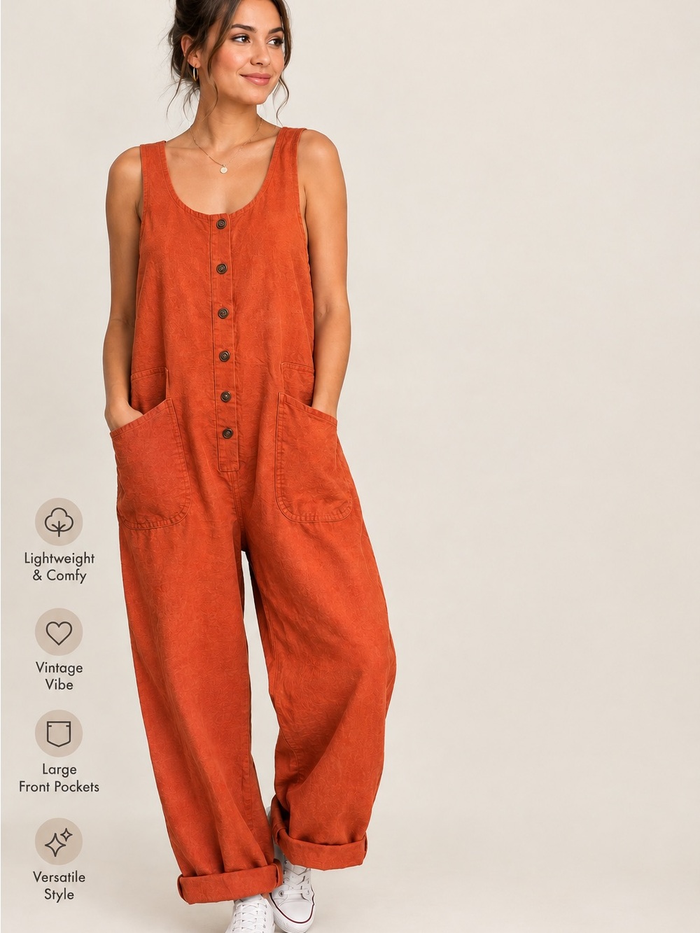 Button-Front Sleeveless Jumpsuit in Burnt Orange